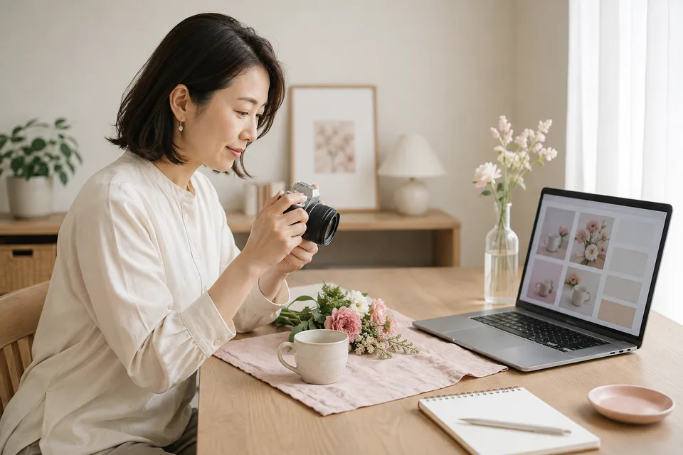 日常の写真を撮影して投稿用の素材を準備する成人女性。AI生成の作業環境イメージで、実際の出演者・サービス画面ではありません。