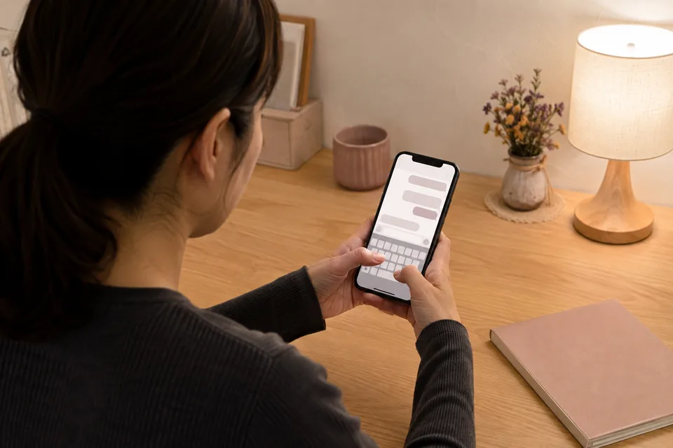 スマートフォンで個別のメッセージに返信する様子。AI生成の作業環境イメージで、実際の出演者・サービス画面ではありません。