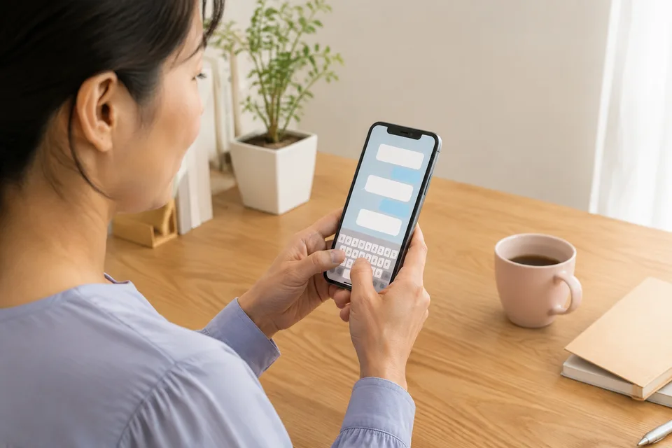 スマートフォンで文字のメッセージを入力する様子。AI生成の作業環境イメージで、実際の出演者・サービス画面ではありません。