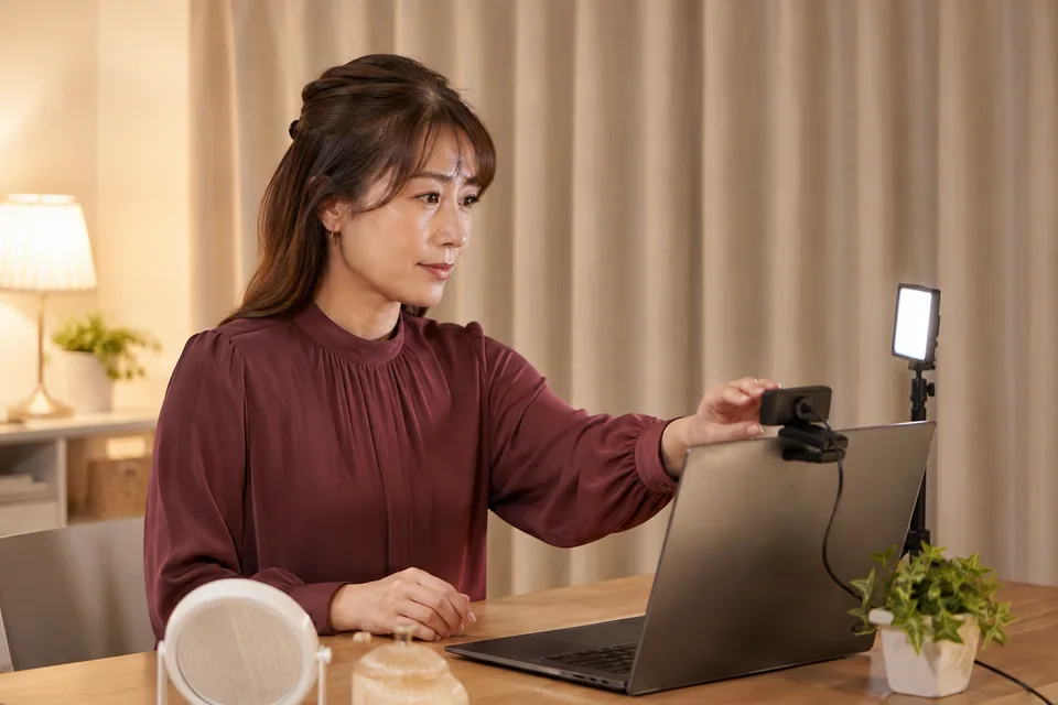 カメラと照明の設定を確認する成人女性。AI生成の作業環境イメージで、実際の出演者・サービス画面ではありません。
