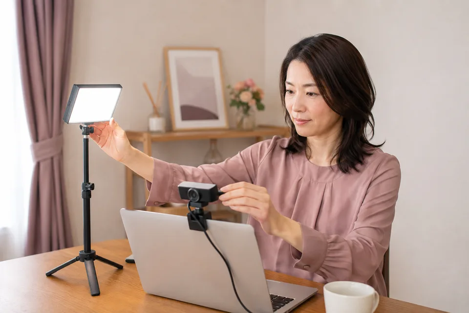 映像チャットの機材を準備する成人女性。AI生成の作業環境イメージで、実際の出演者・サービス画面ではありません。