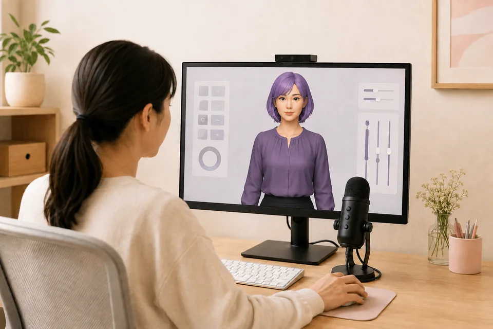 本人ではなくアバターを画面に表示し、マイクとPCで操作する様子。AI生成の作業環境イメージで、実際の出演者・サービス画面ではありません。