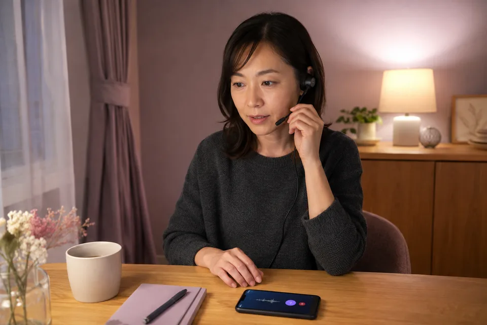 静かな環境で音声通話する成人女性。AI生成の作業環境イメージで、実際の出演者・サービス画面ではありません。