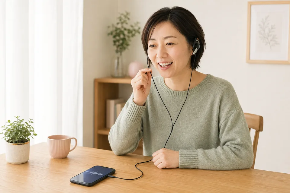 スマートフォンとヘッドセットで音声通話する成人女性。AI生成の作業環境イメージで、実際の出演者・サービス画面ではありません。