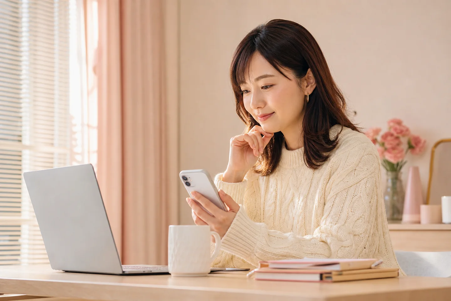 自宅のデスクでスマートフォンとパソコンを使い、登録条件を確認する女性