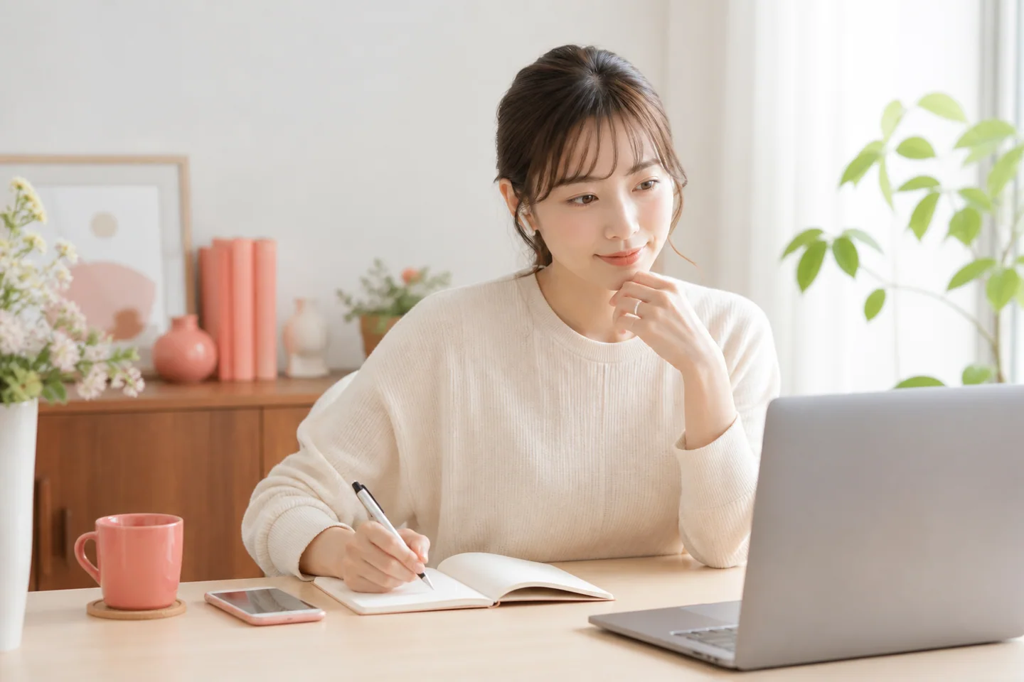 明るい自宅の机でスマートフォンとノートを確認する女性