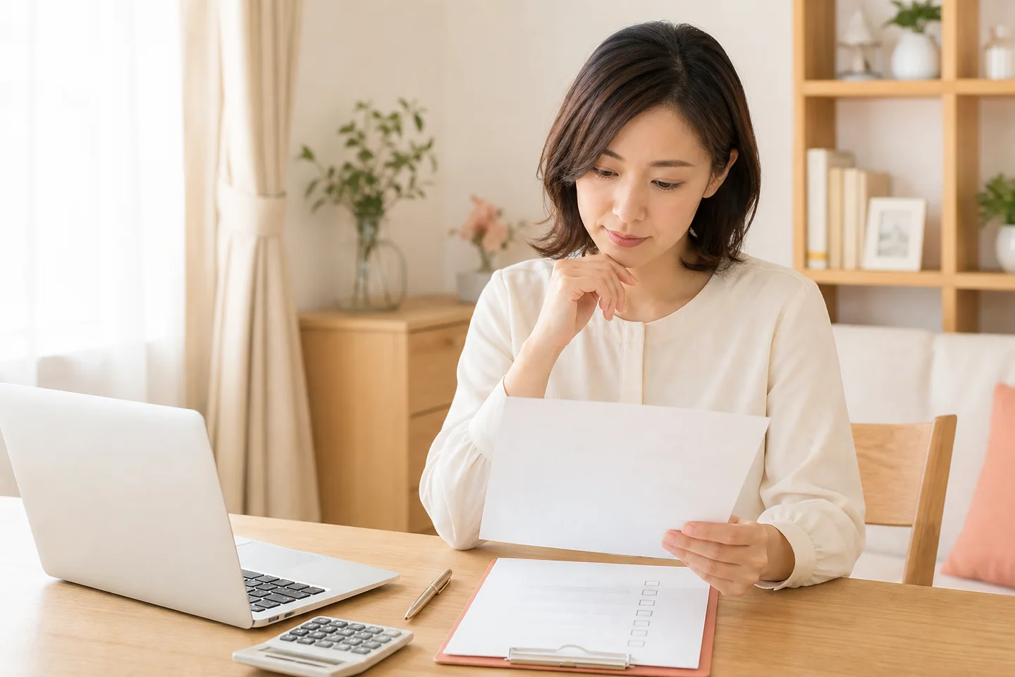 白紙の契約書類と報酬条件を落ち着いて確認する女性