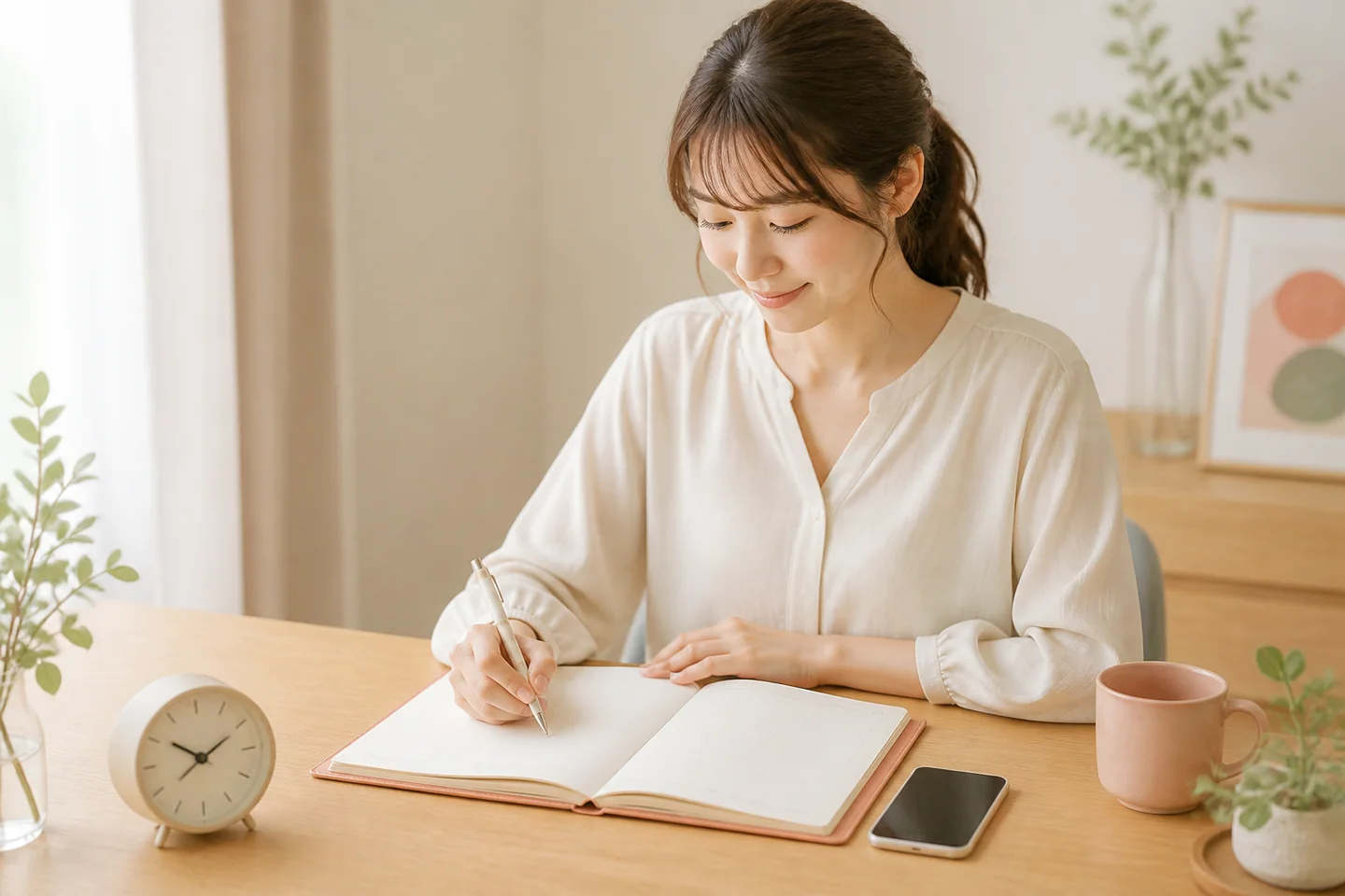 手帳と時計を見ながら作業時間を組み立てる女性