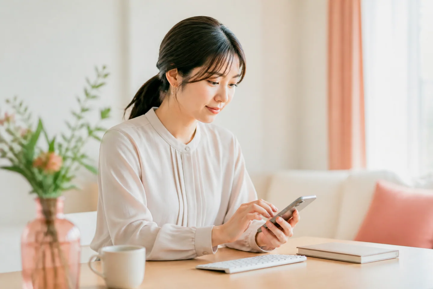 スマートフォンでメッセージを入力する女性