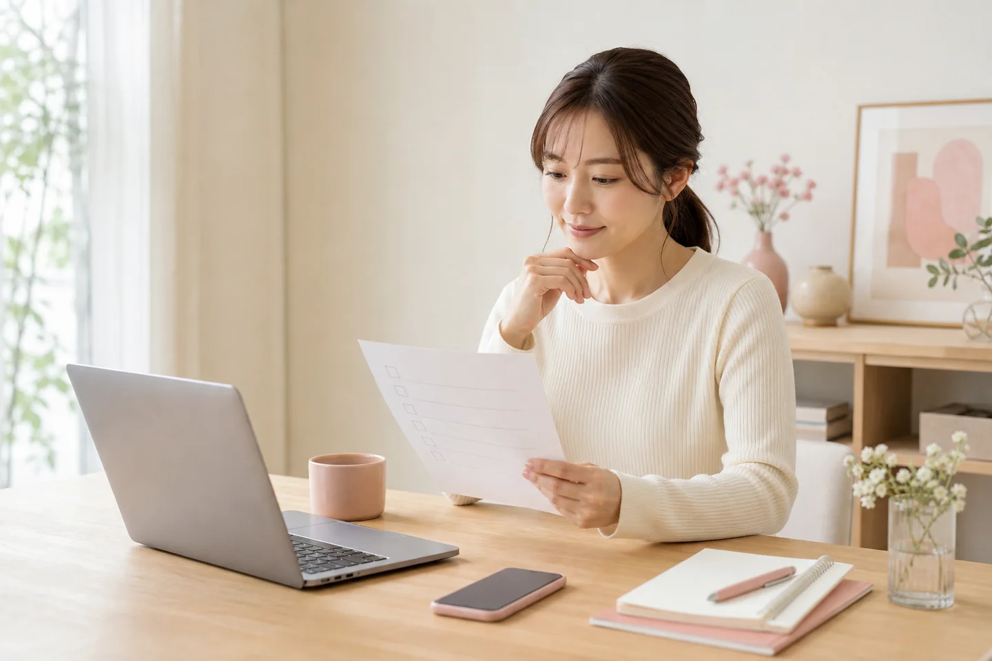 自宅のパソコン前でプライバシー確認用のチェックリストを読む女性