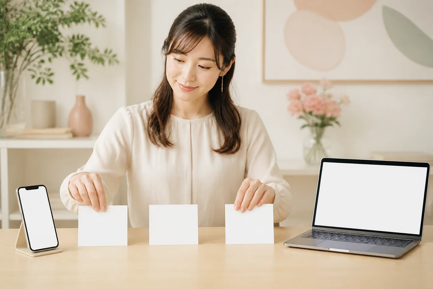スマートフォンとチェックリストで登録手順を確認する女性