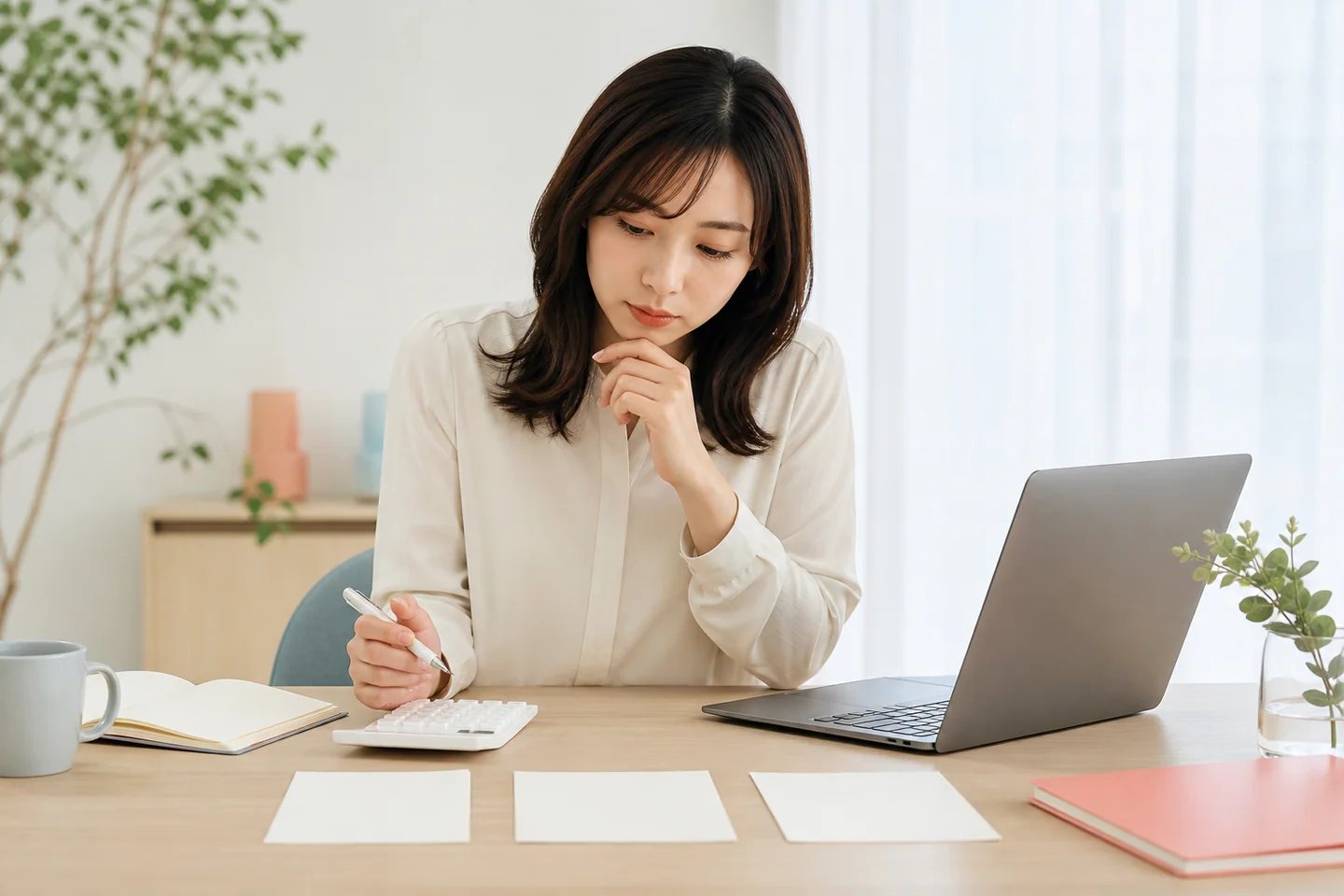 複数の報酬条件を見比べながらノートに整理する女性