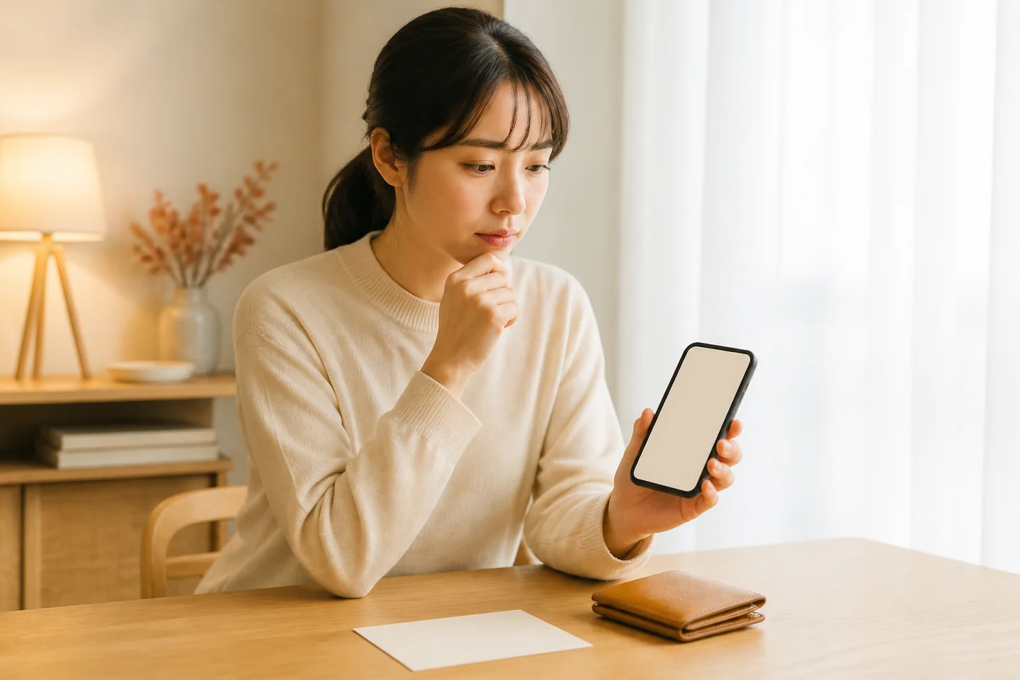 不審な案内を受けてスマートフォンの操作を止める女性