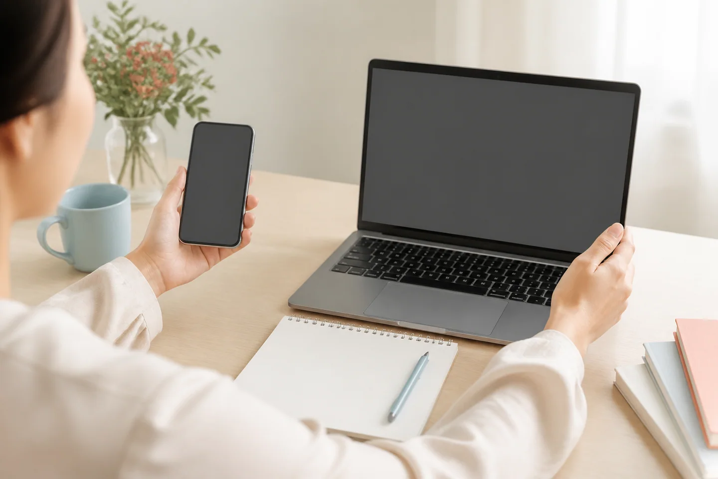 スマートフォンとパソコンの作業環境を見比べる女性