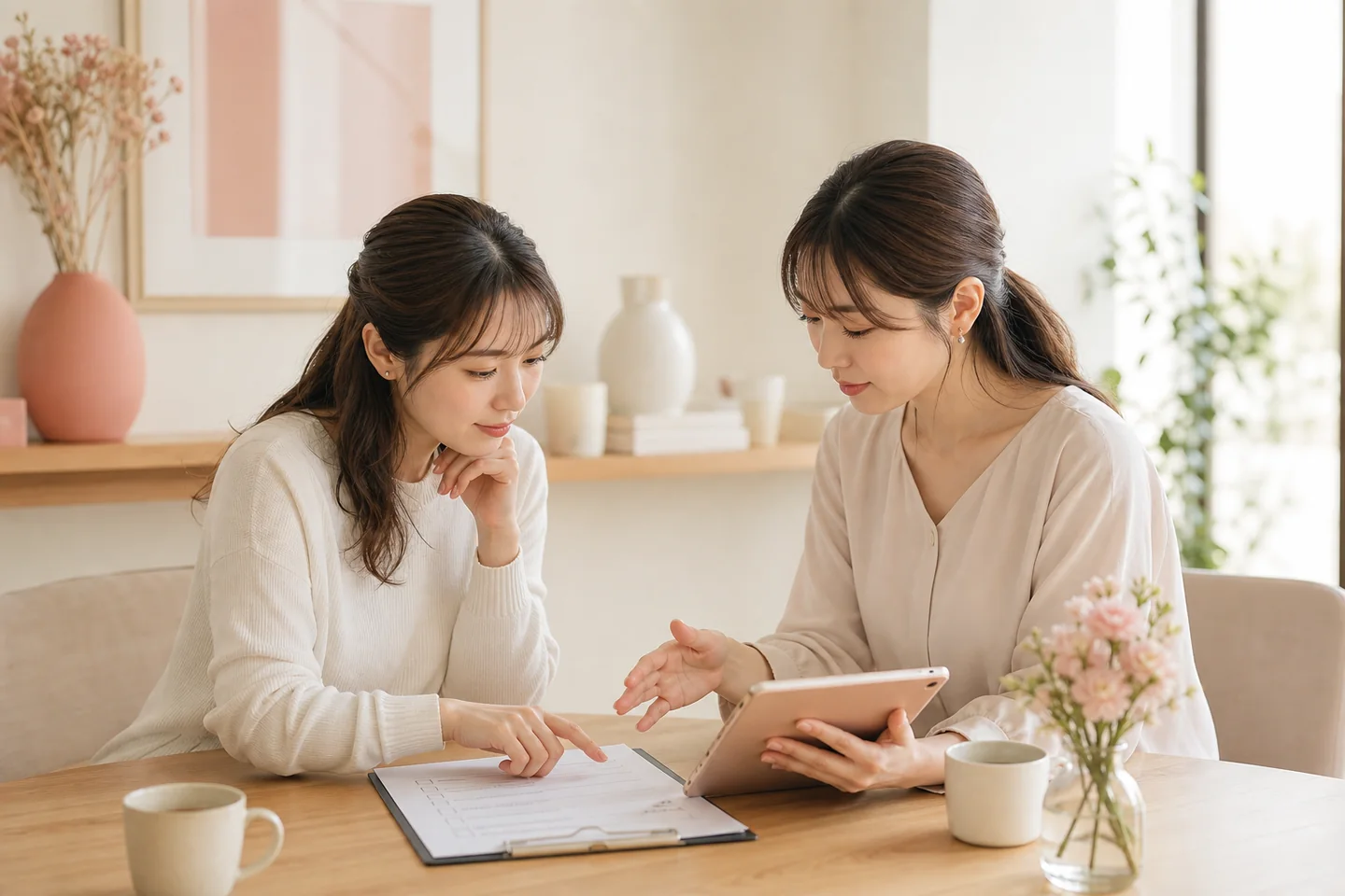 チェックリストとタブレットを見ながら働き方の条件を相談する女性二人