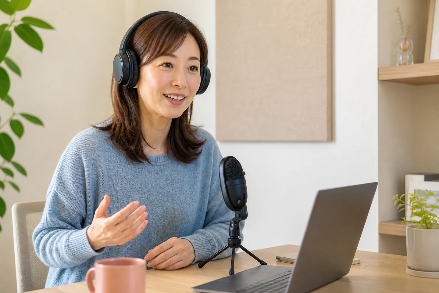 ヘッドセットとマイクを準備した音声ワークのデスク
