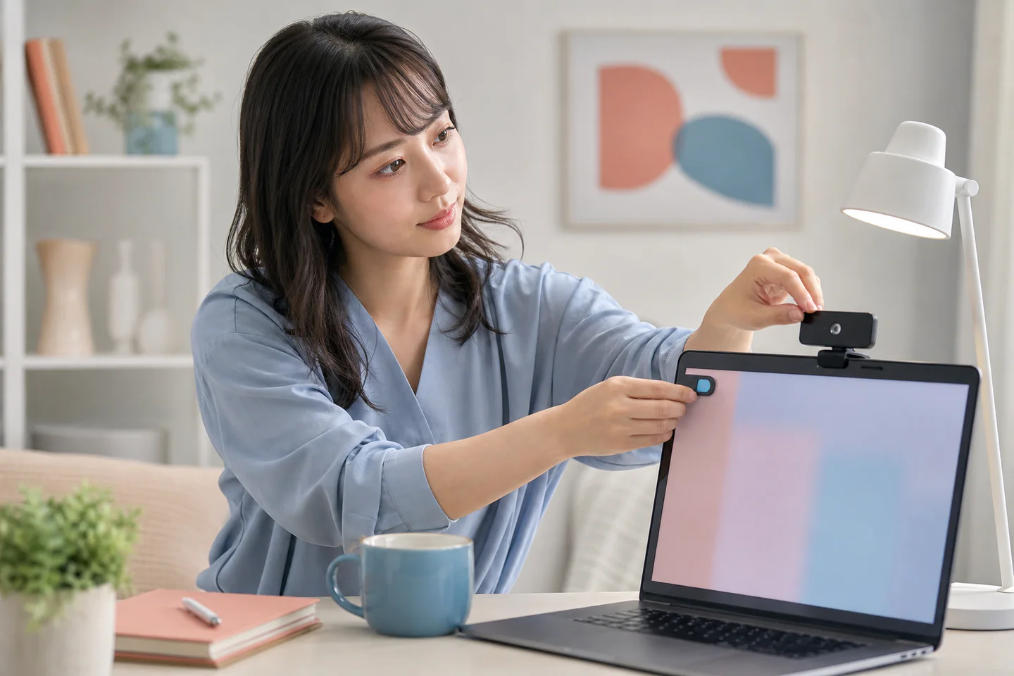 カメラの公開範囲とプライバシー設定を確認する女性の編集イメージ