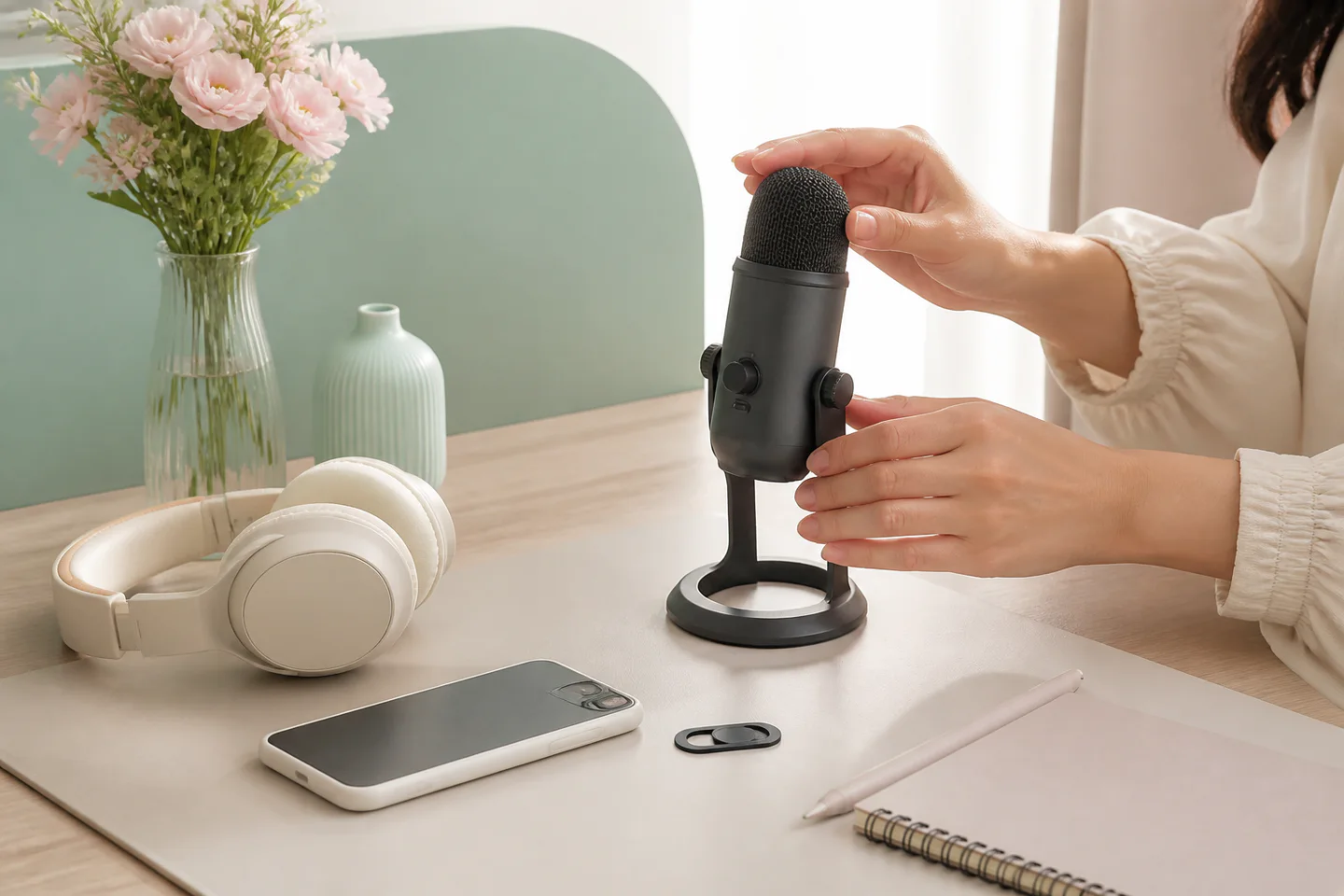 スマートフォンとヘッドセットで音声と文字の仕事をする女性の編集イメージ