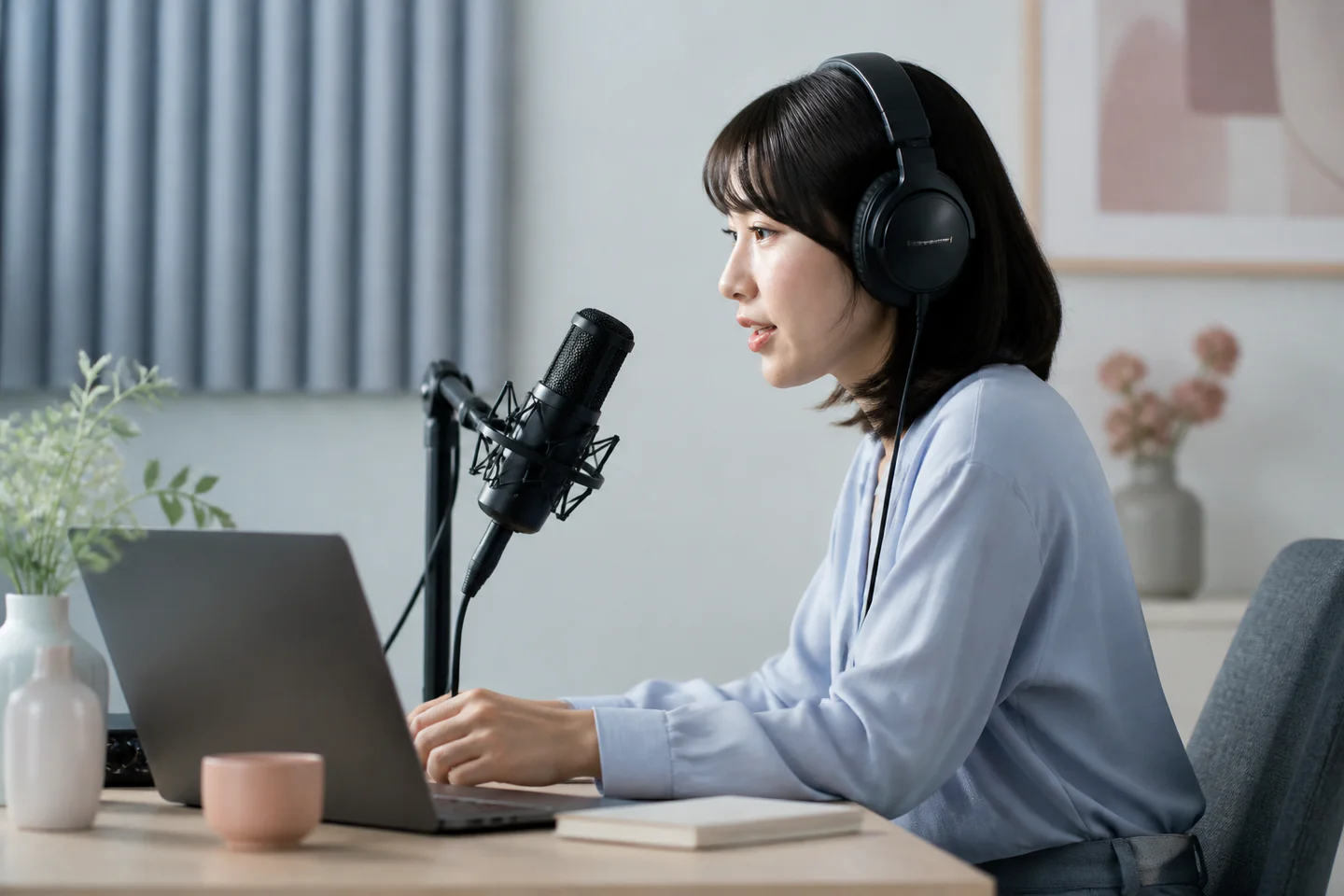 ヘッドセットとアバター画面で音声の仕事を準備する女性の編集イメージ